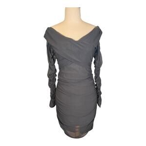 Stella Luce Bodycon Black Ruched Off the Shoulder Mini Dress Sheer Sleeves Large